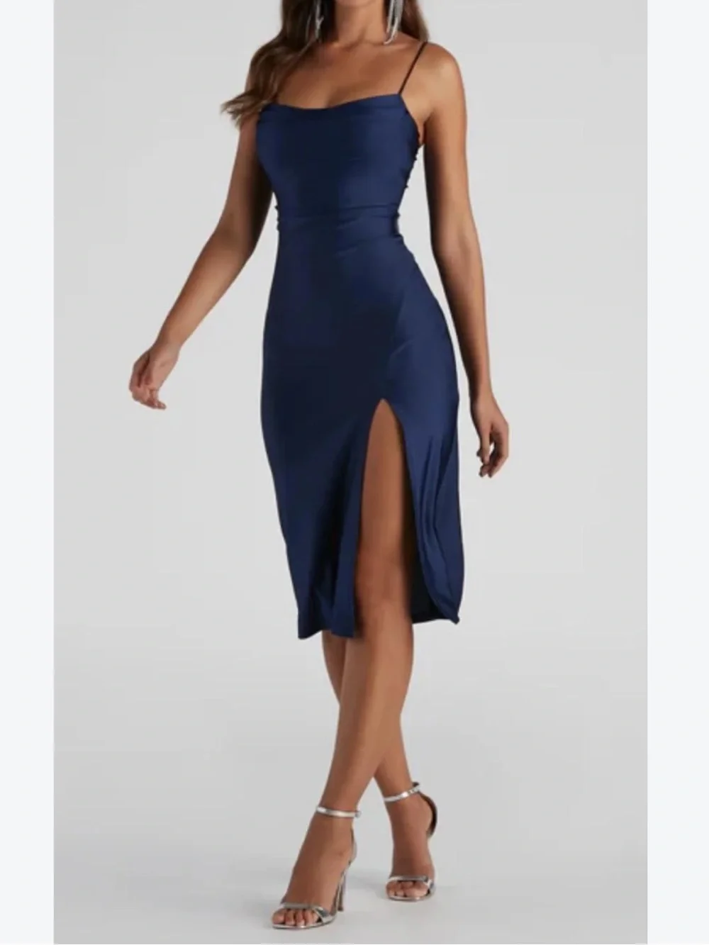 Babyboo Cassie Midi Dress in navy blue elegant, silhouette-hugging cocktail Sz M